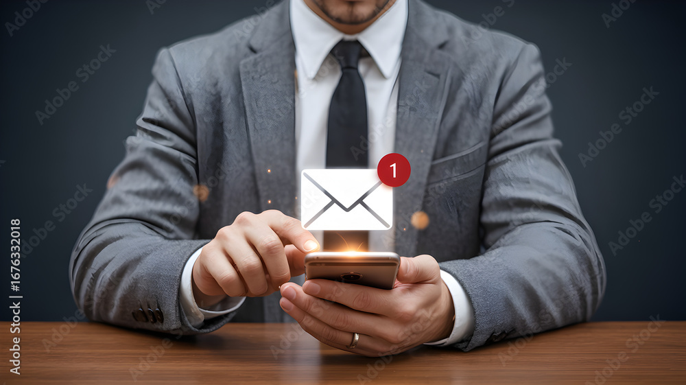 Poster businessman receiving new email notification on smartphone representing communication technology and