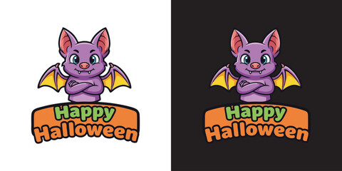 Bat Maskot Hallowen Vector. Happy Hallowen Maskot Ilustration.Trick or Treat - kiddy bat. Cute cartoon bat isolated on white and black background with big eyes and purple skin.