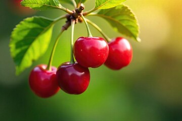Close-up of ripe, red cherries on a branch, sunlight illuminating their juicy surfaces, suggesting a climb to reach the sweetest fruit  A vibrant summer scene ,  cherries,  food,  leaf