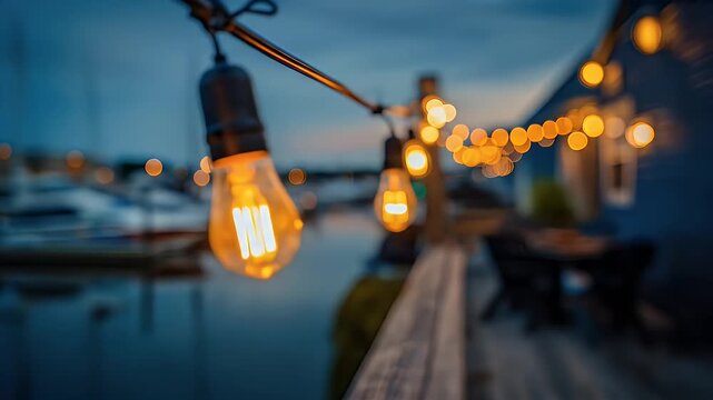 Outdoor string lights illuminating a waterfront patio at dusk