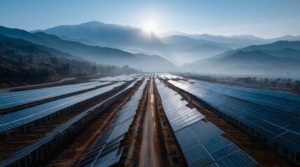 Fototapeta premium Vibrant Mountain Solar Farm: Rows of Panels Under Clear Sky