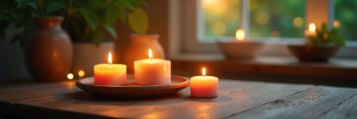 Aromatherapy candles burning brightly on a wooden table, creating a calming and relaxing atmosphere perfect for stress relief Soft lighting enhances the peaceful ambiance , yoga, meditation