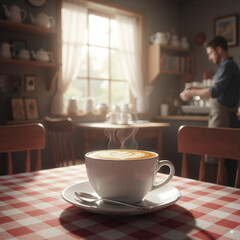 Steaming latte in a white cup with heart art on a checkered tablecloth in a cozy caf&eacute;
