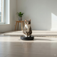 Curious cat with attentive mood sitting on a robot vacuum cleaner in a bright living room