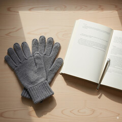 Gray knitted gloves and open book on a wooden table in warm sunlight with copy space