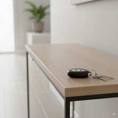 Car key fob with keys on a wooden console table in a minimalist interior with copy space