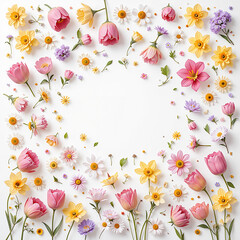Colorful spring flowers arranged in a heart shape on a white background with copy space