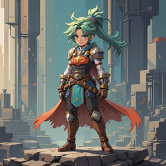 Determined young female warrior in futuristic armor with a serious mood standing against a cyberpunk cityscape background
