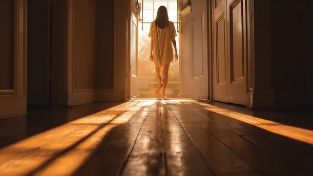 Sunlight streams into a hallway as a person walks through an open doorway
