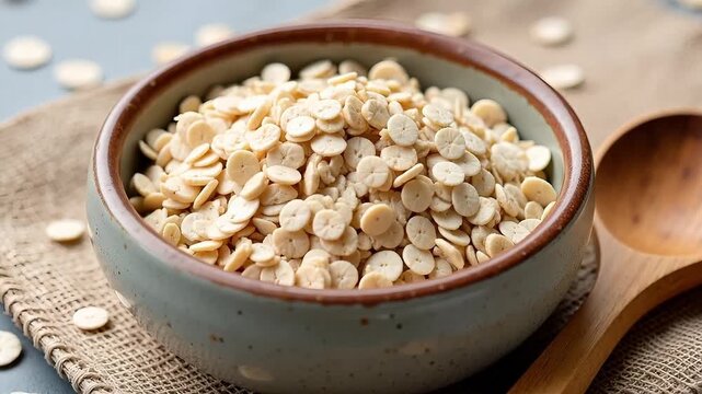 Delicious bowl brimming with tiny pancake cereal, a trendy breakfast delight ready to be enjoyed with a wooden spoon.