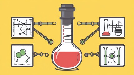 Obraz premium Stylized Chemical Research: Volumetric Flask Surrounded by Chemical Diagrams Depicting Scientific