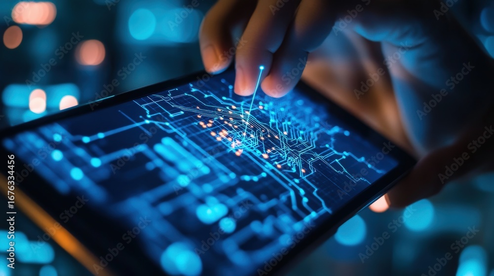 Poster close-up view of a hand interacting with a digital circuit board displayed on a smartphone.