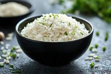 Organic jasmine rice grains in black bowl high resolution picture