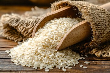 Organic long grain rice spilling from scoop high resolution picture