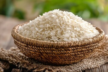 Organic rice grains in decorative basket high resolution picture