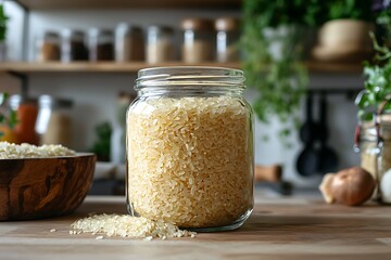 Organic rice in clear jar high resolution picture