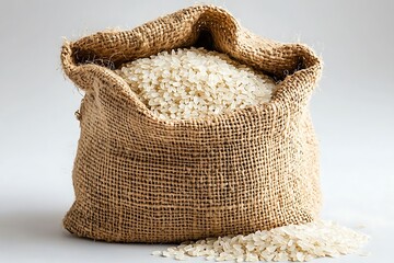 Organic rice preserved in traditional burlap bag high resolution picture