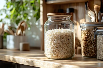 Organic rice sealed inside clear jar high resolution picture