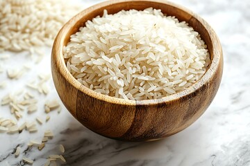 Organic white rice in rustic bowl high resolution picture