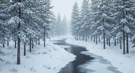 Snow-blanketed pine forest with a frozen river | Stunning Photography & Visuals