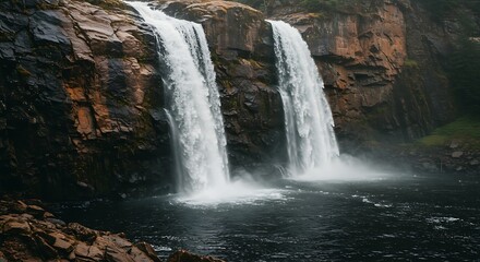 Obraz premium Majestic Twin Waterfalls Cascading Through Rugged Rocks