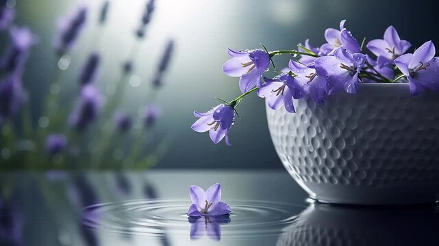 Purple bellflowers in bowl serene still life water reflection ripple effect calming spa theme high quality professional
