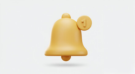 3D rendering of a notification bell icon with number one on a white background