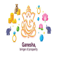 Line art illustration of Ganesha, Hindu god, surrounded by symbols of prosperity and wealth.