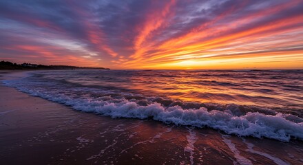 Vibrant Coastal Sunset A Spectacular Display of Colors Over Gentle Ocean Waves