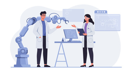 Two scientists in lab coats work with a robotic arm and computer, conducting research or experiments in a modern laboratory setting.