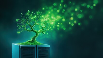 Glowing bonsai tree growing on computer server symbolizing green computing