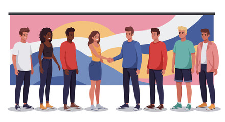 Diverse group of young adults shaking hands, symbolizing collaboration and teamwork against an abstract background.