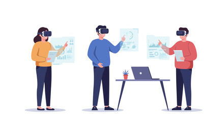 A team of professionals in virtual reality headsets analyzing data on futuristic holographic interfaces.