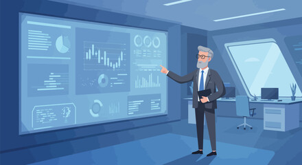 Fototapeta premium Professional presenting financial data on a digital screen in an office setup