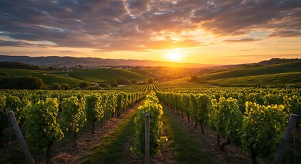 Lush vineyard valley under golden evening skies