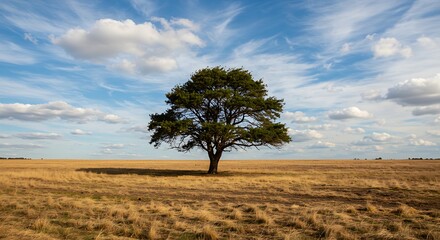 Obraz premium Solitary Tree in Golden Field under a Vast Sky