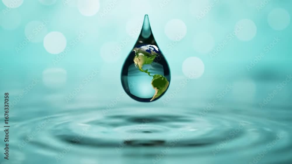 Poster water drop globe showing earth on turquoise background with bokeh effect and water ripples