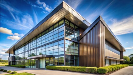 Obraz premium Modern architectural building with a large number of windows and a distinctive slanted roofline featuring a unique blend of materials