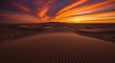 Vibrant Sunset over the Desert A Breathtaking View of Sand Dunes and Fiery Skies