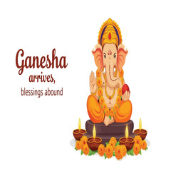 Illustration of the Hindu god Ganesha seated with lit diyas and marigold flowers for the Ganesh Chaturthi festival.