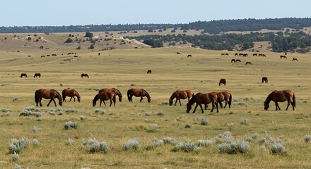 Serene meadow dotted with wild horses grazing - view 137