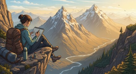 Fototapeta premium An illustration of a traveler sitting on a cliff edge sketching a landscape view of mountains, with warm daylight, creating a creative and peaceful journey vibe.