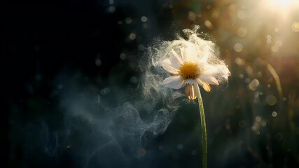 Spring pollen allergy. A closeup of a daisy flower with dew on its petals, set against a backdrop of a sunlit meadow. The daisy is in full bloom.