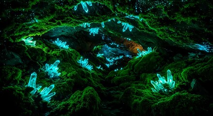 Moss-covered cave illuminated by glowing crystals - view 159 | Stunning Photography & Visuals