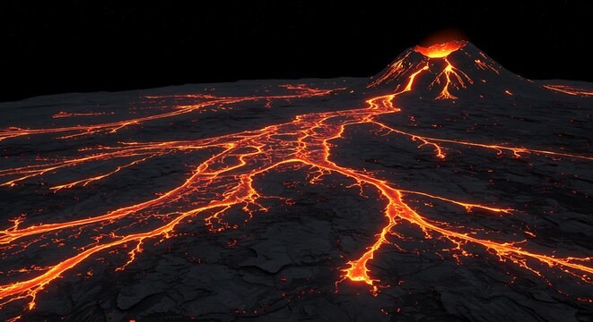 Volcanic moon surface glowing with lava flows - view 164 - High Resolution Royalty Free Image