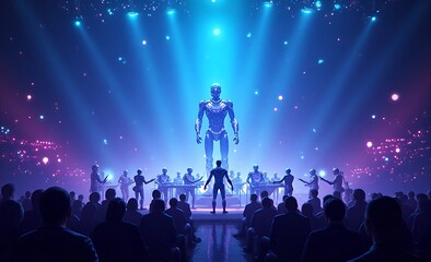 A futuristic art scene: a luminous humanoid robot looms over a human presenter addressing a vast audience under vibrant blue lights.
