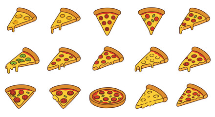 A colorful collection of cartoon pizza slices and one whole pie, featuring melted, dripping cheese, pepperoni, and other toppings in a simple, outlined illustra