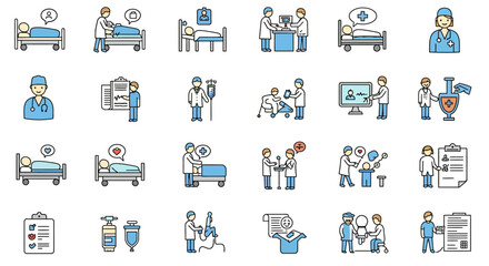 A comprehensive set of colored line art icons illustrating various medical, hospital, and healthcare scenes.