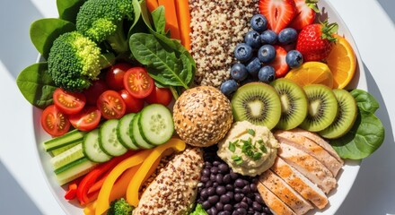 An illustration of a healthy food plate with colorful vegetables, fruits, grains, and proteins arranged beautifully, with a top view perspective.