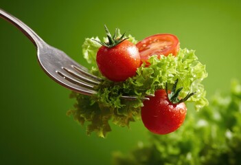 Forkful of fresh salad with cherry tomatoes and lettuce on a vibrant green background